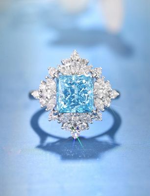 Pricess Cut 3ct VS Sentetik Mavi Elmas Yüzükler 18k Beyaz Altın Laboratuvar Büyütülmüş Nişan Yüzükleri