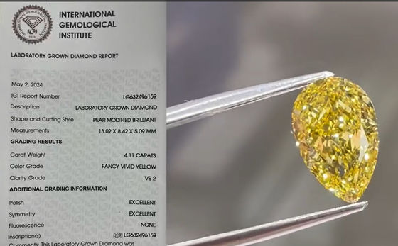 4CT CVD Sarı Laboratuvar Büyümüş Elmas Pear Şekli Şık Parlak Sarı Elmas Yüzükler Kolye